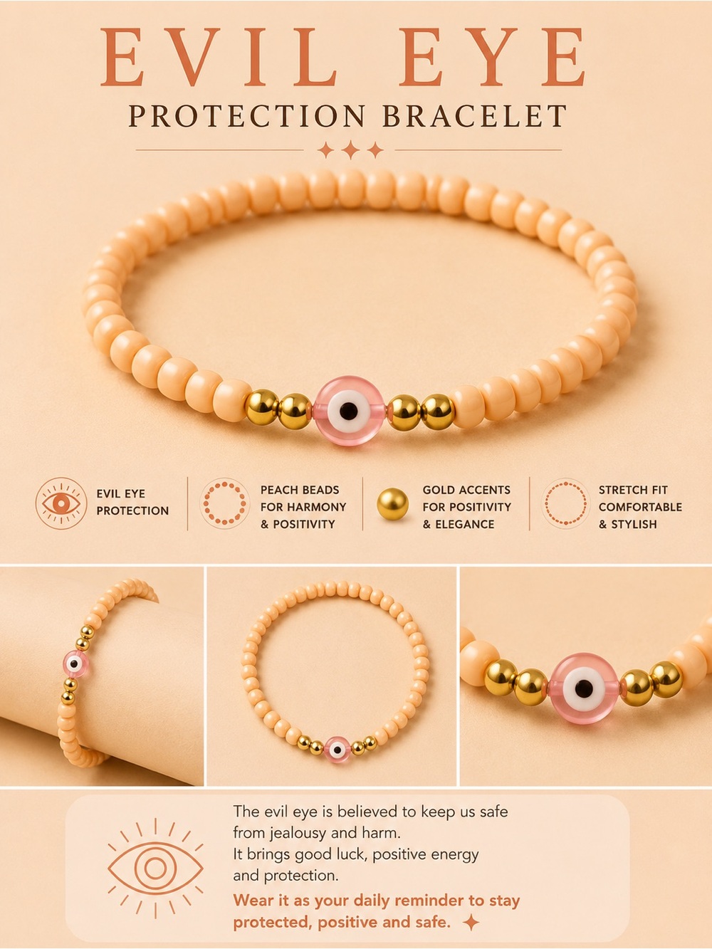 Evil Eye Protection Bracelet - Peach Beaded Stretch Bracelet #36